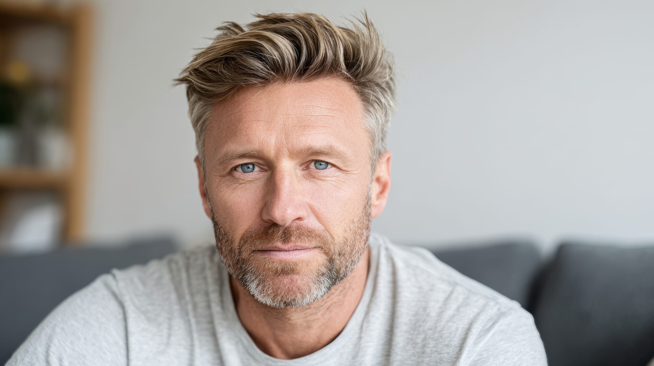 portrait of middle aged man wear light t-shirt at living room, family man, men health concept