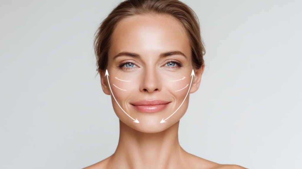 Side profile of woman with cheek and jawline contour markings for facial implants consultation